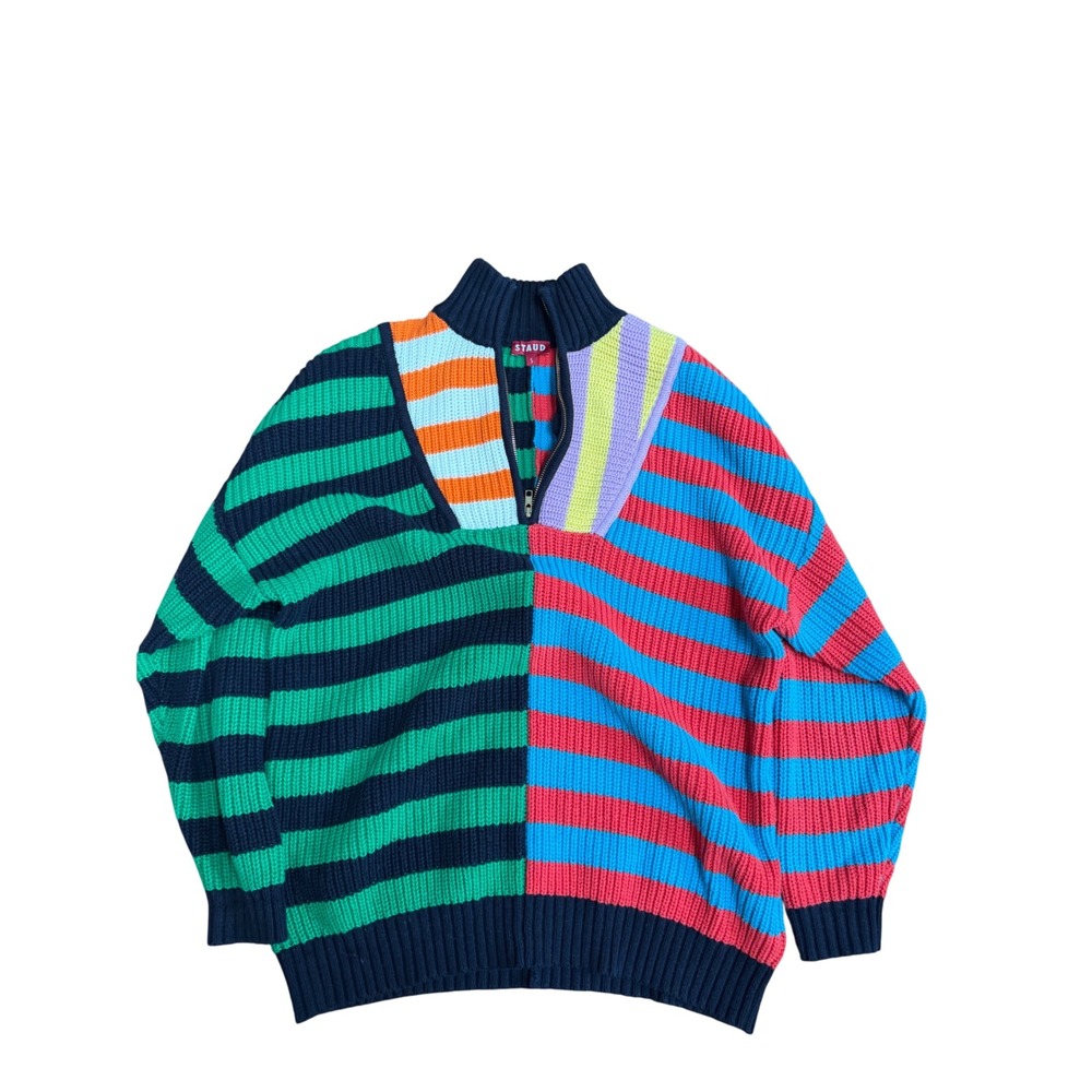 Staud Colorblock Striped Quarter Zip Sweater Womens Small Mixed Stripe Knit